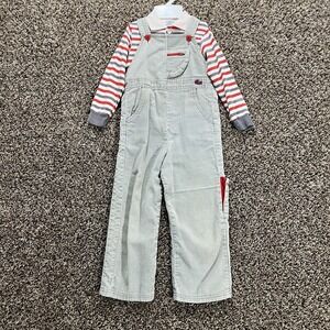 Vintage Izod Lacoste 4T Overalls & Striped Shirt Set Red Gray Corduroy USA *Fair